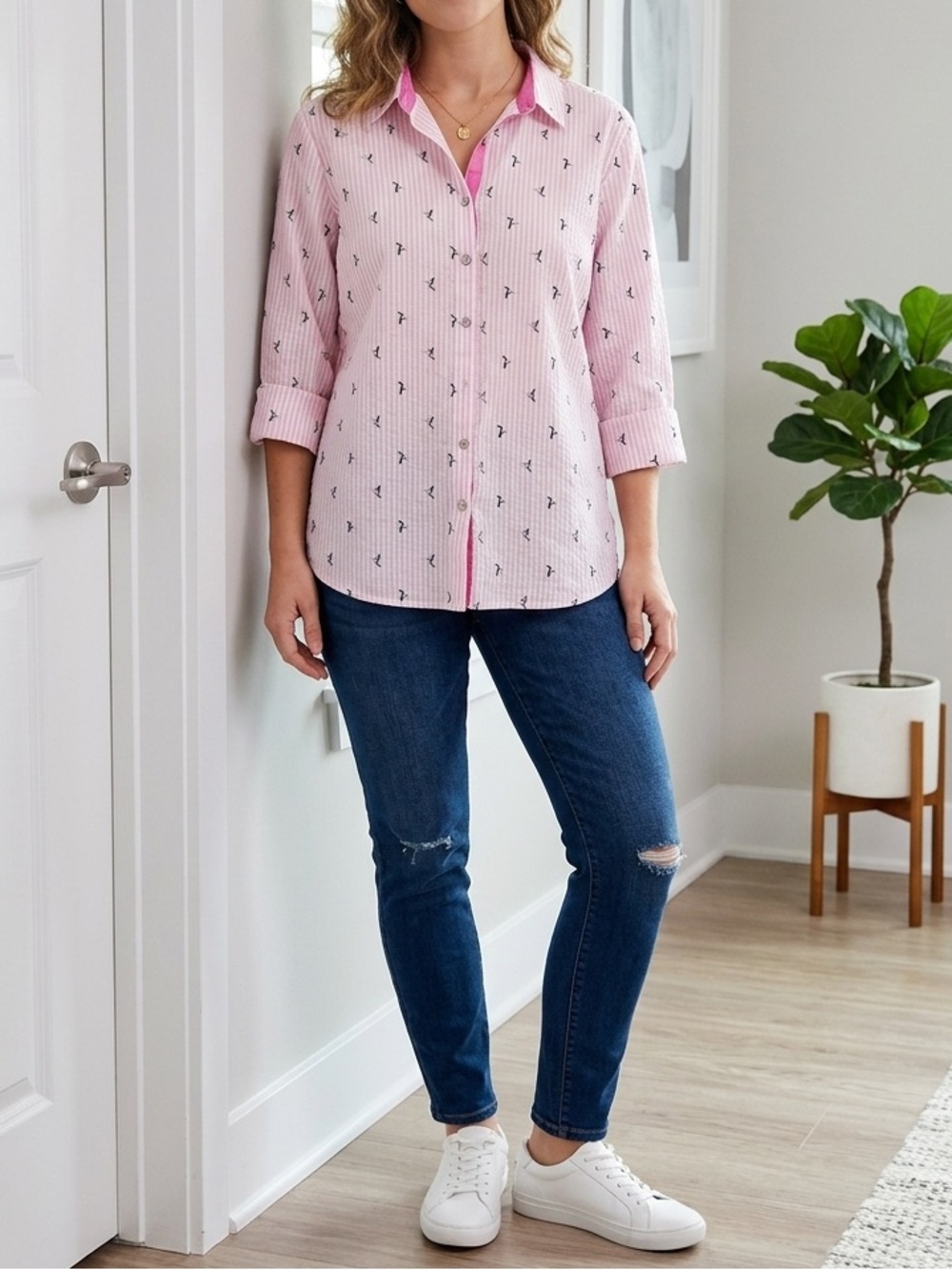 Chicos Pink Striped Flamingo Bird Print Button Down Shirt Roll Tab 3/4 Sleeve🩷